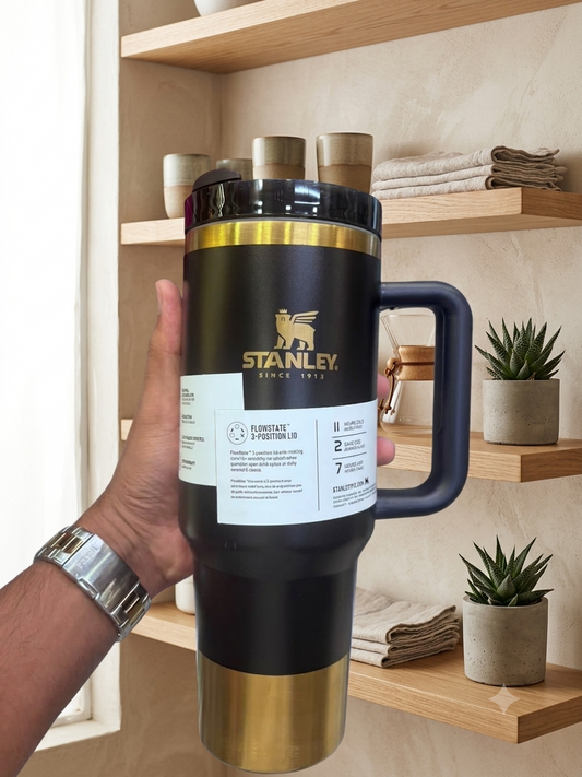 Stanley Quencher Flow state Gold Edition Stainless Steel Vacuum Insulated Tumbler (40 oz). Black