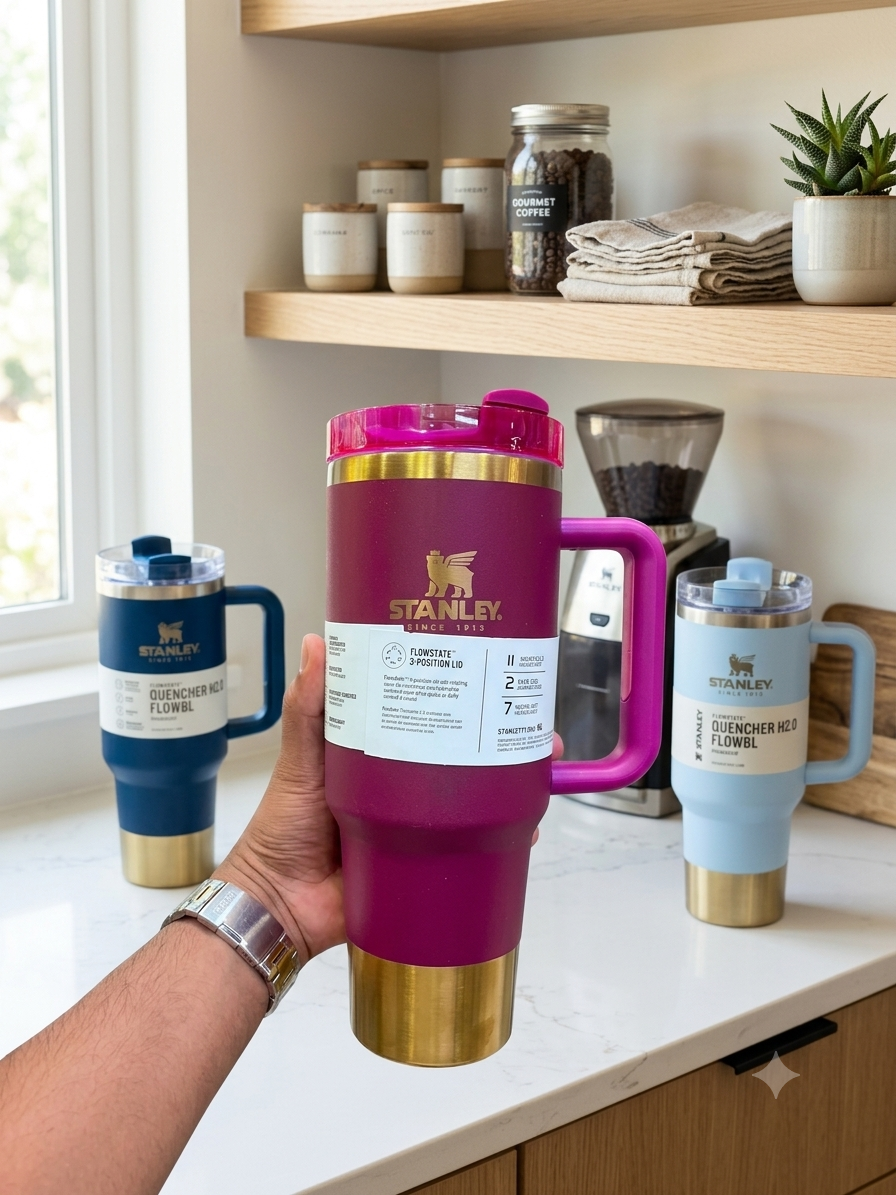 Stanley Quencher Flow state Gold Edition Stainless Steel Vacuum Insulated Tumbler (40 oz). Maroon