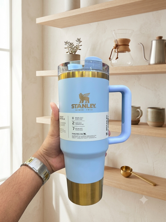 Stanley Quencher Flow state Gold Edition Stainless Steel Vacuum Insulated Tumbler (40 oz). Blue