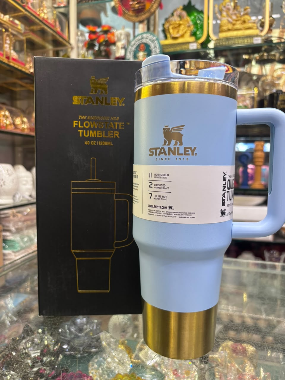 Stanley Quencher Flow state Gold Edition Stainless Steel Vacuum Insulated Tumbler (40 oz). Blue
