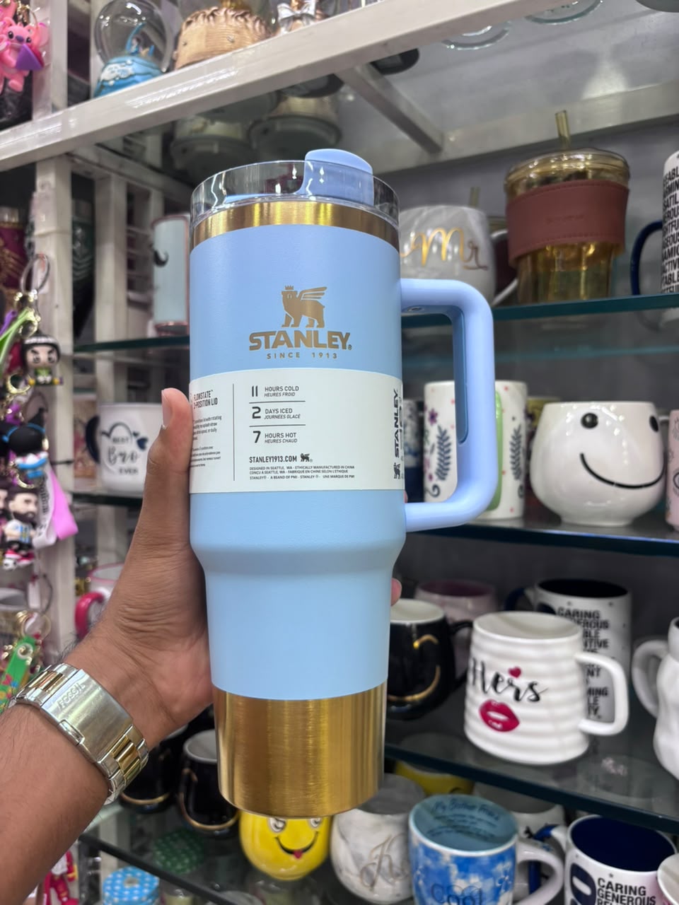 Stanley Quencher Flow state Gold Edition Stainless Steel Vacuum Insulated Tumbler (40 oz). Blue