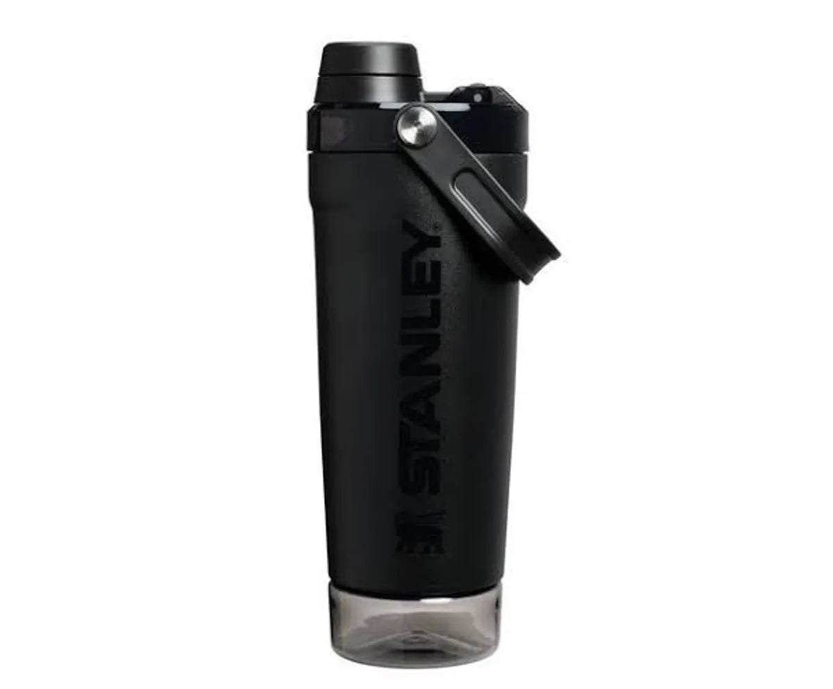 Black Stanley water bottle on a white background