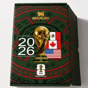 Stanley Cup holder with FIFA World Cup 2026 logo and flags on a green background