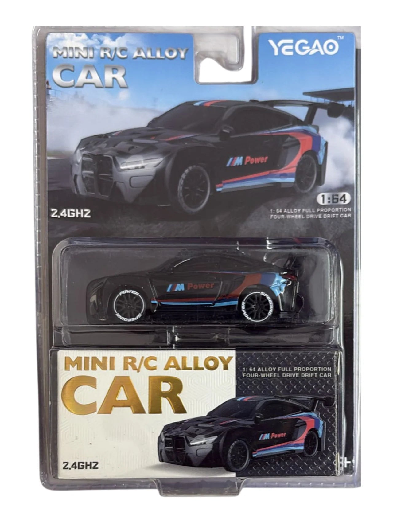 Yegao mini R/C alloy car in packaging with a black and red sports car design.